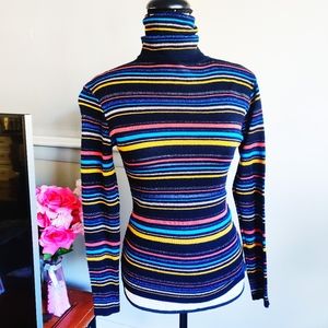 Vintage 70s Metallic Rainbow Colorful Striped Knit Turtleneck Long Sleeve Top M
